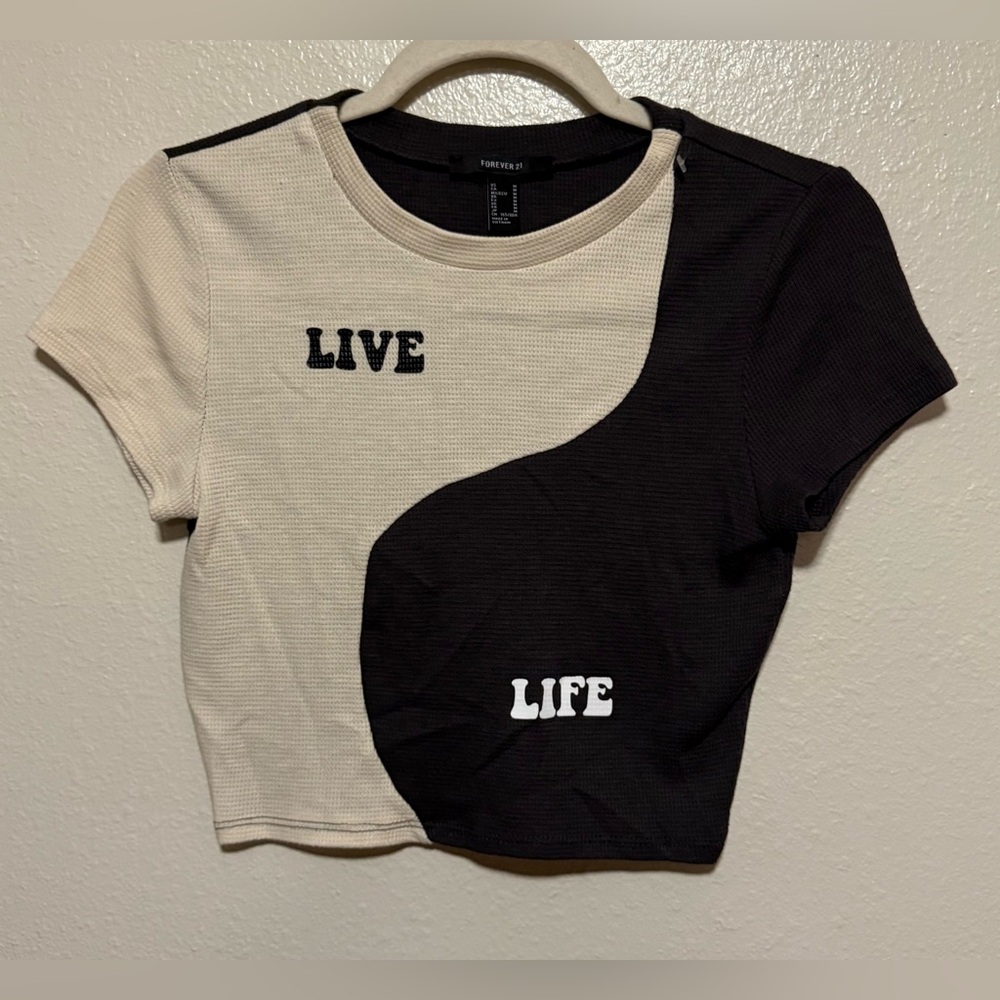 Forever 21 Live Life Yin Yang Crop Top Black White Waffle Knit Medium - Picture 2 of 4